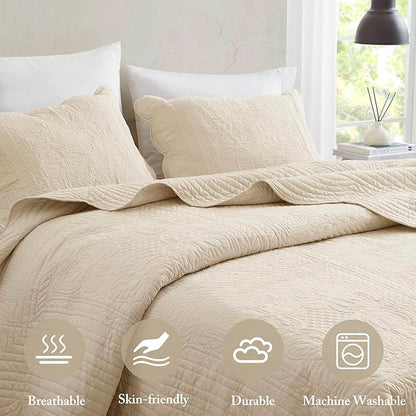 Madison Park King Quilt Set Damask Coverlet Set for King Size Bed, Cottage Oversized Quilt Set, Scallop Edge, All Season, Pre-washed Cotton-Filled King Size Quilt, Tuscany, King/Cal King Cream 3 Piece