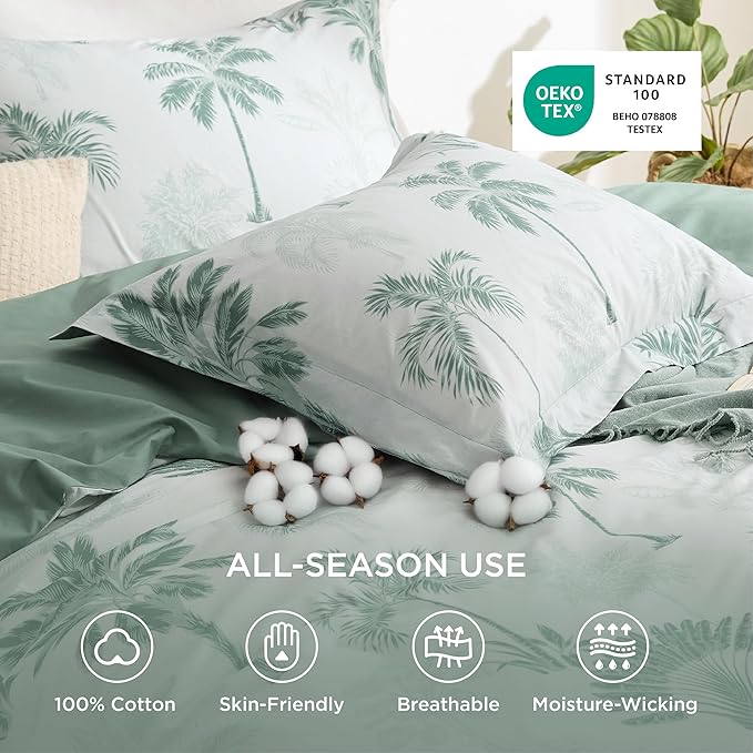 Bedsure Duvet Cover King Size - 100% Cotton Reversible Floral King Duvet Cover Set with Zipper Closure, 3 Pieces Soft & Breathable PureWoven Green Milieu Bedding Set with 2 Pillow Shams 20"x36"