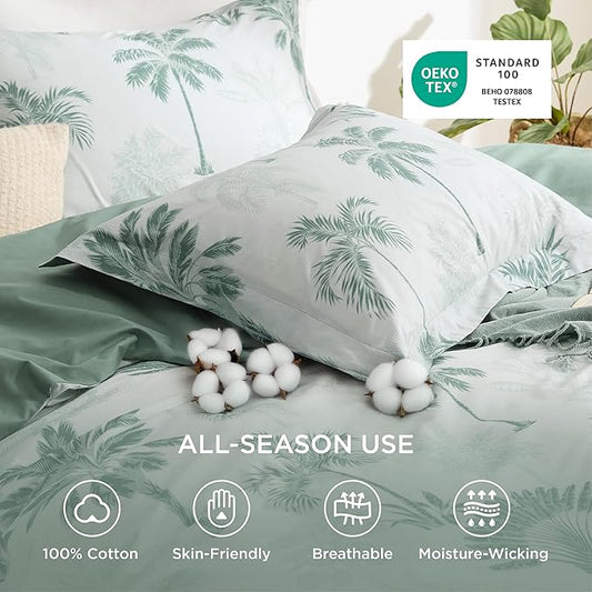 Bedsure Duvet Cover Queen Size - 100% Cotton Reversible Floral Queen Duvet Cover Set with Zipper Closure, 3 Pieces Soft & Breathable PureWoven Green Milieu Bedding Set with 2 Pillow Shams 20"x26"