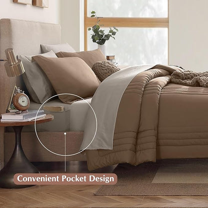 Monbix Full Comforter Set - 7 Pieces Umber Bed in a Bag Full Size Bedding Sets with Comforters, All Seasons Comforter with Sheets, Pillowcases & Shams