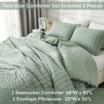 AveLom Sage Green Seersucker Twin/Twin XL Comforter Set (68x90 inches), 2 Pieces-100% Soft Microfiber Lightweight Comforter with 1 Pillowcase, All Season Down Alternative Comforter Set for Bedding