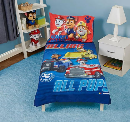 Paw Patrol Calling All Pups 4 Piece Toddler Bedding Set – Includes Comforter, Sheet Set – Fitted + Top Sheet + Reversible Pillowcase for Boys Bed, Blue