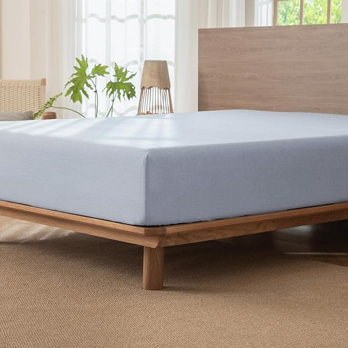 MooMee Fitted Bottom Sheet Only 100% Washed Cotton Linen Like Textured Breathable Durable Soft Comfy Deep Pocket Fits Mattress up to 17" (Cornflower Blue, California King)
