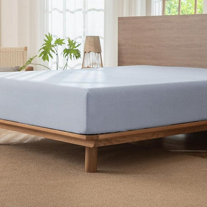 MooMee Fitted Bottom Sheet Only 100% Washed Cotton Linen Like Textured Breathable Durable Soft Comfy Deep Pocket Fits Mattress up to 17" (Cornflower Blue, Queen)