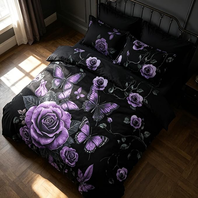 Black Vintage Floral Comforter Set King Size, Black Red Floral Bedding Set for Gothic Bedroom Decor, 3 Pieces Soft Microfiber Lightweight Comforter Set with 2 Pillowcases, 90"x104"