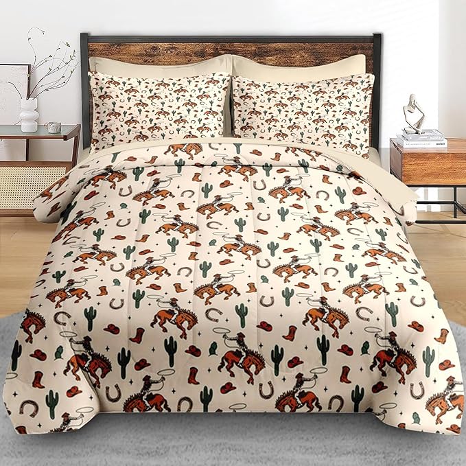 Comforter Set Queen Size, Western Cactus Cowboy 7 Pcs Bedding for Kids and Adults, Boho Retro Cowgirl Bed Sheet Sets with Fitted Sheet 2 Pillowcases & 2 Shams for Bedroom Bed Decor