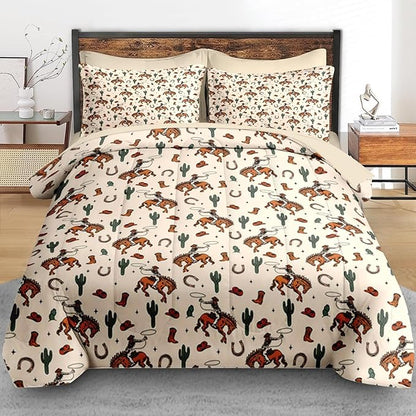 Comforter Set Queen Size, Western Cactus Cowboy 7 Pcs Bedding for Kids and Adults, Boho Retro Cowgirl Bed Sheet Sets with Fitted Sheet 2 Pillowcases & 2 Shams for Bedroom Bed Decor