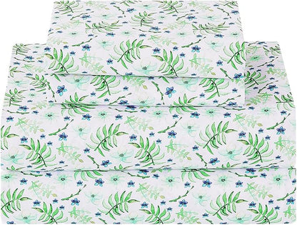 Softan Green Floral Full Sheet Set, Cozy Botanical Microfiber Printed Fitted Bed Sheet with 15" Deep Pockets & Non-Slip Straps, Fresh Greenery Blooms Patterned Sheets & Pillowcase Set