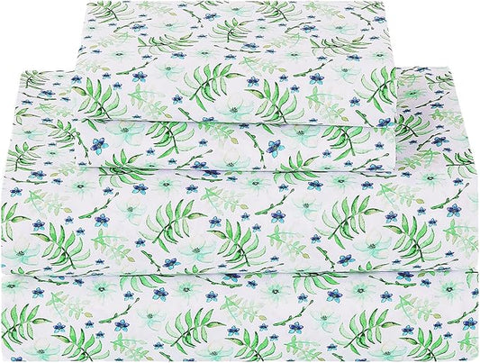 Softan Green Floral Full Sheet Set, Cozy Botanical Microfiber Printed Fitted Bed Sheet with 15" Deep Pockets & Non-Slip Straps, Fresh Greenery Blooms Patterned Sheets & Pillowcase Set