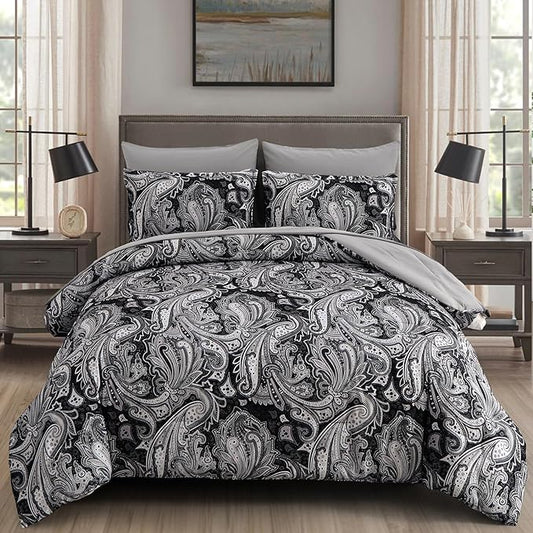 DJY Black Paisley Comforter Set King Size, 7 Piece Bed in a Bag Black Gray Boho Paisley Pattern Comforter Set, Soft Lightweight Microfiber Reversible Bedding Set for All Season (104''x90'')