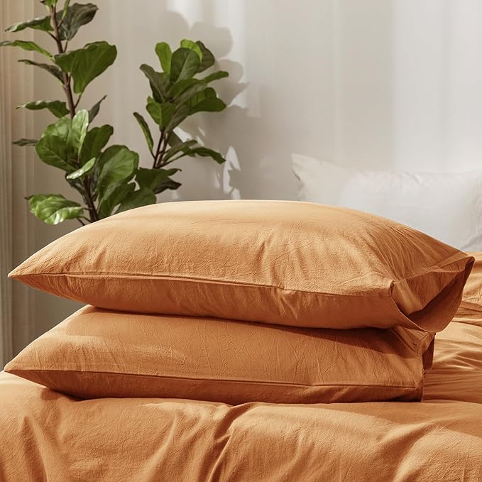 MooMee Bedding Pillowcases Pack of 2 100% Washed Cotton Linen Like Textured Breathable Durable Soft Comfy (Solid Burnt Orange, King)