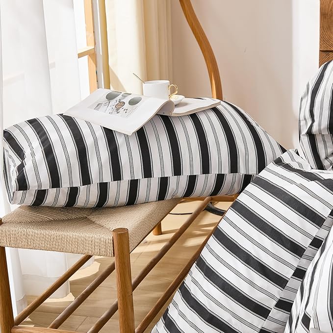 Merryword 100% Cotton Duvet Cover Set King Size - Black and White Striped Duvet Cover Set, Modern Minimalist Pinstripe Comforter Cover with Pillowcases, Soft Breathable Bedding Set for All Seasons