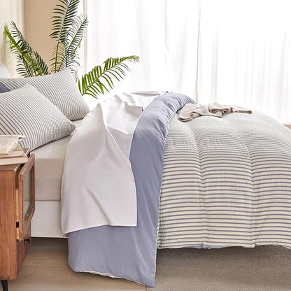 Comforter Set King Size Blue Striped Soft Luxury Washed Microfiber Jacquard 3 Pieces Bedding, White Blue Vertical Ticking Stripes Pattern Comforter with 2 Pillowcases Breathable Durable Comfy