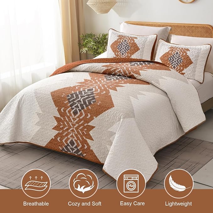 Dintszyayue Burnt Orange Quilt Set Boho California King Size,3 Piece Aztec Texture Bedspread Coverlet Set Soft Lightweight Bedding Set Terracotta Quilt with 2 Pillowcases(Terracotta,96"x112")