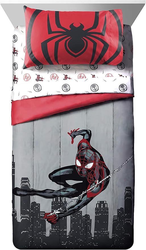 Jay Franco Marvel Miles Morales New Kid 5 Piece Twin Bed Set - Includes Comforter & Sheet Set Bedding - Super Soft Fade Resistant Microfiber (Official Marvel Product)