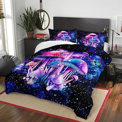 Fantasy Mushrooms Comforter Set Queen,Galaxy Fantasy 3 Pieces Bedding Set for Teens Kids,Violet Down Alternative Bed Comforters Bedding Sets for All Season