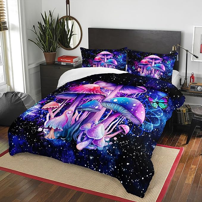 Fantasy Mushrooms Comforter Set Full,Galaxy Fantasy 3 Pieces Bedding Set for Teens Kids,Violet Down Alternative Bed Comforters Bedding Sets for All Season