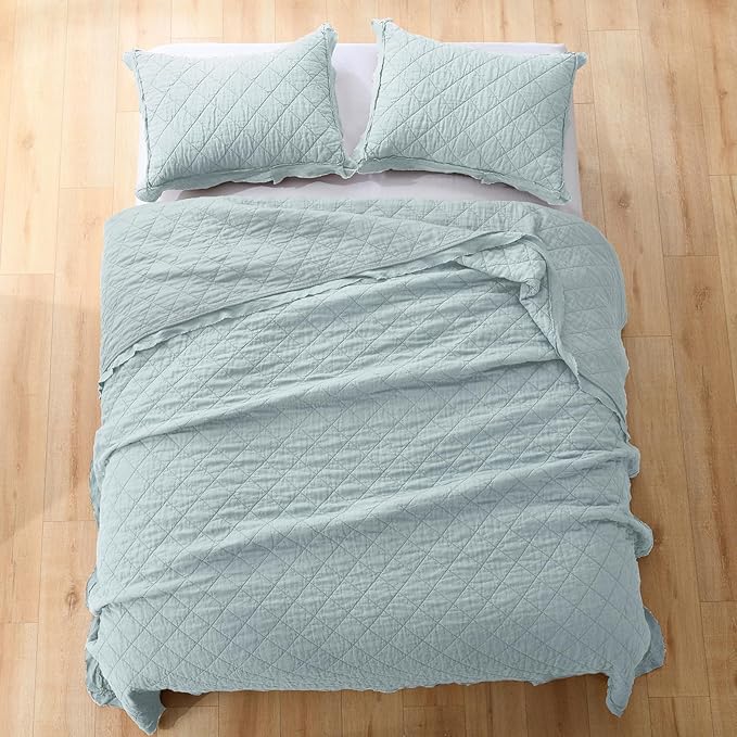 HORIMOTE HOME 100% Linen Front/100% Cotton Back Quilt Set King Size, Paleturquoise Pre-Washed European Flax Linen Quilt, Diamond Stitch Bedspread Coverlet Bedding Set 3-Piece for All Seasons