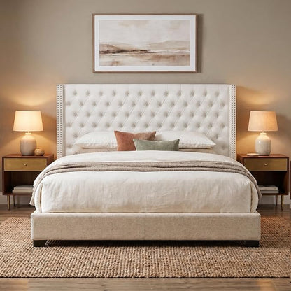 Madison Park Queen Wingback Upholstered Tufted Headboard, Featuring High-Density Sponge Padding, Adjustable Height Headboard, Easy Assembly, Beige Velvet
