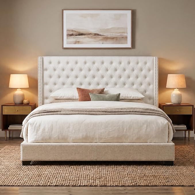 Madison Park King Wingback Upholstered Tufted Headboard, Featuring High-Density Sponge Padding, Adjustable Height Headboard, Easy Assembly, Beige Velvet