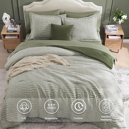MaiRêve King Comforter Set Crinkle Textured, Light Olive Green Diamond Boho Bedding Set 7 Pieces Bed in A Bag, All Season Geometric Comforter Set with Sheets, Pillowcases & Shams