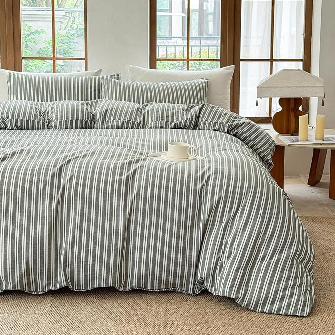 Striped Duvet Cover Set 100% Washed Cotton Linen Like Soft Feelling Breathable Bedding(Olive Green/White Strip,King)
