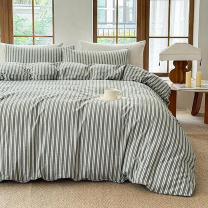 Striped Duvet Cover Set 100% Washed Cotton Linen Like Soft Feelling Breathable Bedding(Olive Green/White Strip,Full)