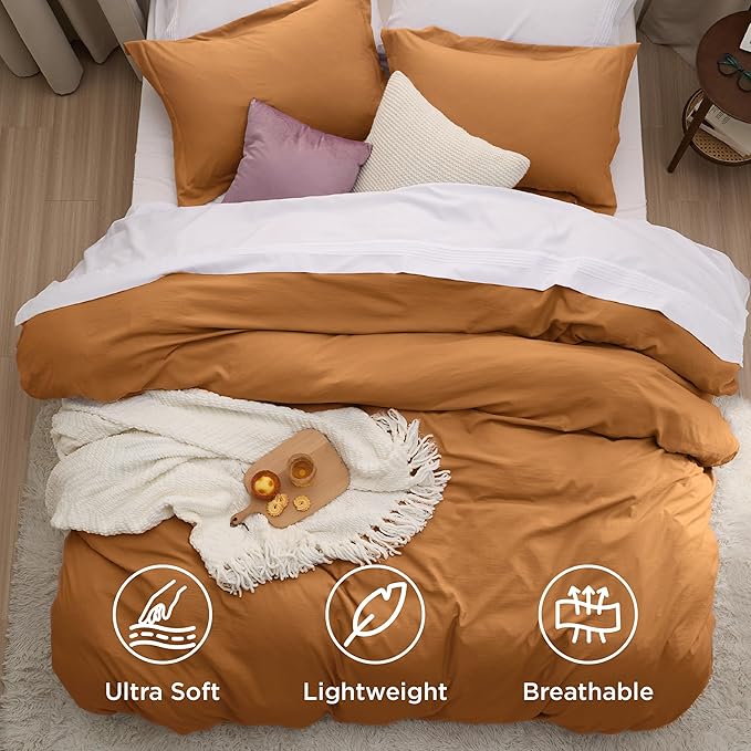 Bedsure Honey Ginger Duvet Cover Queen Size - 3 Pieces Prewashed Cotton-Like Polyester Extra Soft Bedding Set, Includes 1 Duvet Cover 90x90 Inches with Zipper Closure & 2 Pillow Shams, No Comforter