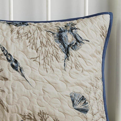 Madison Park Quilt Set Cottage Coastal Design, Starfish Print - All Season, Coverlet Bedspread Lightweight Bedding Layer, Shams, Toss Pillows, Full/Queen(90"x90"), Bayside Blue/Ivory 6 Piece