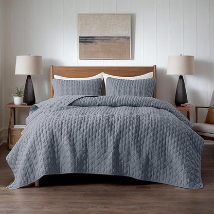 WDCOZY Blue Quilts Queen Size Bedding Sets with 2 Pillow Shams, Lightweight Soft Bedspread Coverlet, Quilted Blanket Thin Comforter Bed Cover for All Season, 3 Pieces, 90x90 inches