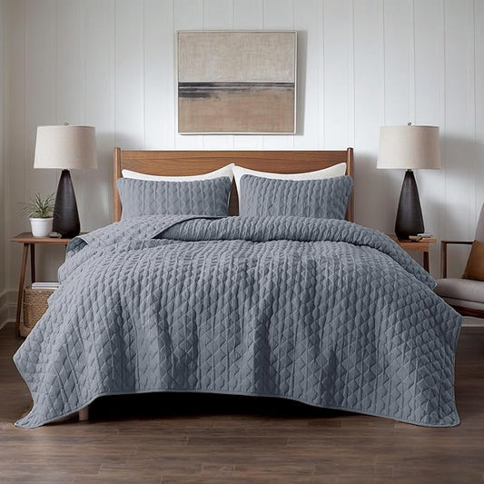 WDCOZY Blue Quilt King Size Bedding Sets with 2 Pillow Shams, Lightweight Soft Bedspread Coverlet, Quilted Blanket Thin Comforter Bed Cover for All Season, 3 Pieces, 104x90 inches
