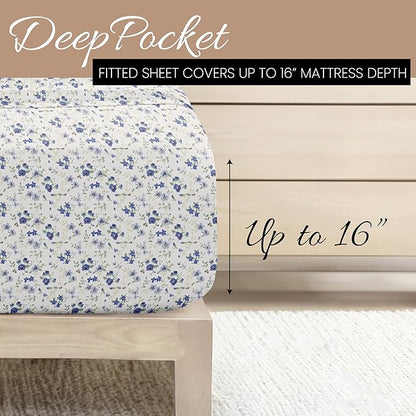Linen Market 4 Piece Queen Sheet Set - Breathable, Double-Brushed Patterned Cooling Sheets – Ultra Soft & Wrinkle-Free 16" Deep-Pocket Queen Sheets - Easy Care Blossoms Light Blue
