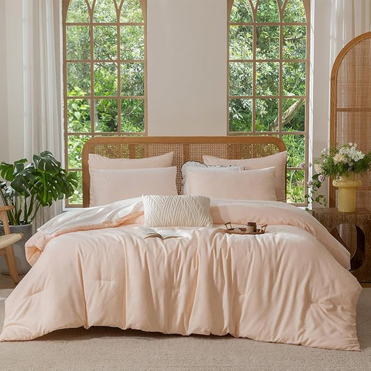 Queen Size Comforter Set Pink - Waffle Checkered Soft Shabby Chic Bedding, All-Season Lightweight Breathable with 2 Pillowcases Combo for Year-Round Comfort
