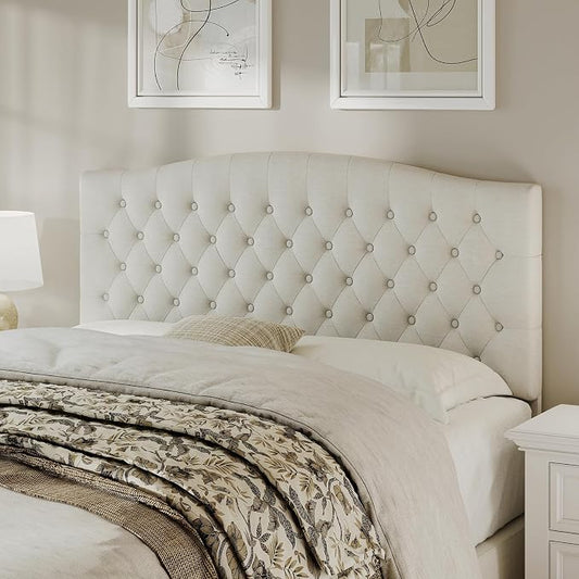 Queen Headboard Only, Linen Classic Tufted Design, Ivory | 2 installation options: 1.bed frame mount 2.wall mount (for adjustable bed), Classic hand-tufted headboard king size