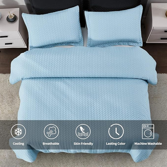 Maple&Stone Quilt Set Queen Size, Lightweight Light Blue Bedspread Ultrasonic Chevron Pattern Light Coverlet for All Season Comforter Bedding Decor - 3 Piece Full Bed Cover Sets