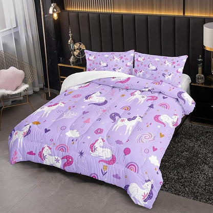 Unicorn 3 Piece Bedding Set King Size-Purple 3 Pieces Bedding Set for Kids, Unicorn Girls Comforter Set, Rainbow Clouds Star Quilt Set (1 Comforter 2 Pillowcase), All Seasons
