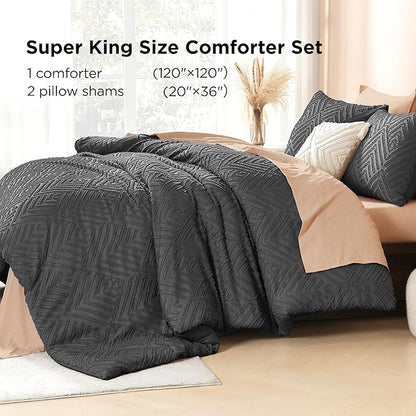 Litanika Super King Comforter Dark Grey, 3 Pieces Tufted Boho Farmhouse Bedding Comforter Set, Lightweight Fluffy All Season Comforter Set (120x120In Comforter & 2 Pillowcases)