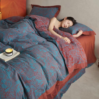 VM VOUGEMARKET Jacquard Duvet Cover Set King,Yarn-Dyed Cotton Blue Red Tree Leaves Duvet Cover Bordered,Reversible Farmhouse Style Bedding Set King