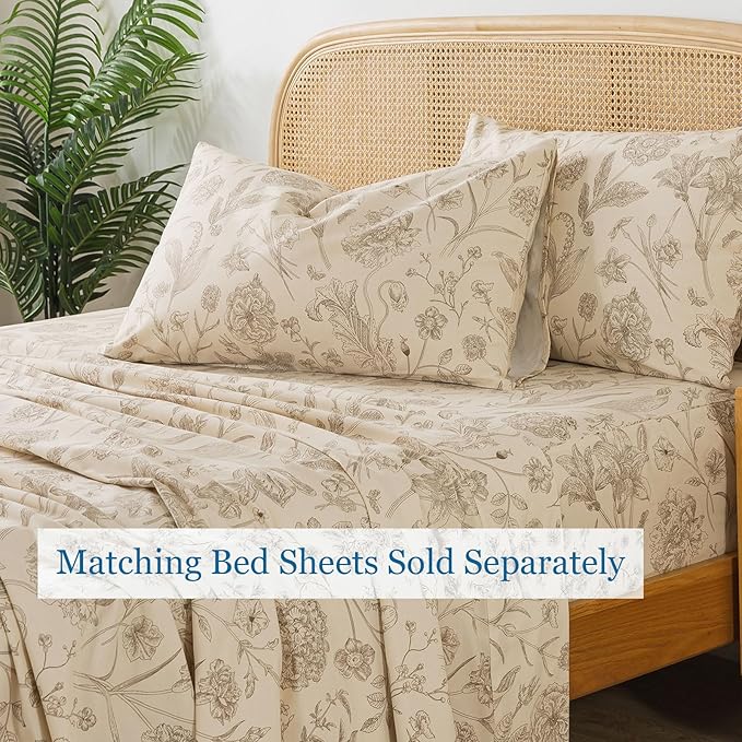 Zusbest 100% Cotton Khaki Floral Pillowcases Standard Size Set of 2, 19''×29'', Queen Size Beige Vintage Toile Floral Printed Reversible Pillow Covers Soft Envelope Queen Pillowcase Protectors