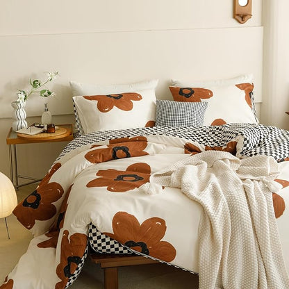 Cottonight Pumpkin Sunflower Comforter Set Brown Cal King Women Girls Beige and Brown Floral Bedding Comforter Set Botanical Flowers Blanket Quilts Soft Breathable Chic Comforter