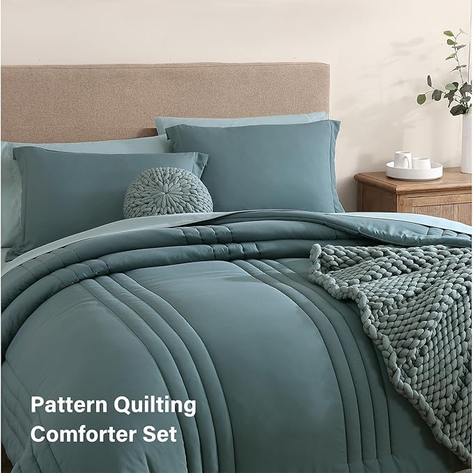 Monbix California King Size Comforter Set - 7 Pieces Bed in a Bag California King, Blue Green Bedding Sets, All Seasons Comforter Bed Set with Sheets, Pillowcases & Shams