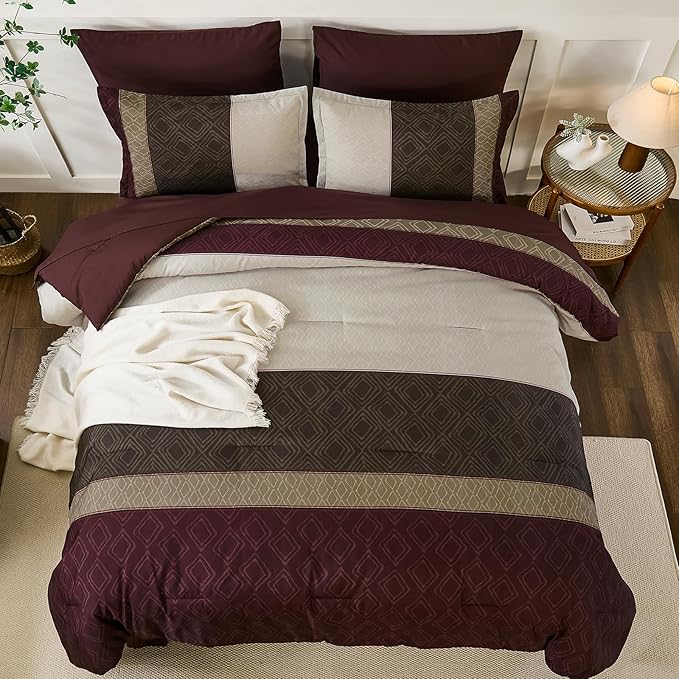 Dinjoy Boho Queen Comforter Set Burgundy,7 Piece Bed in a Bag Queen Size Warm Striped Dark Red Bedding Sets Plaid Fall Comforters Set with Sheets for Family All Season