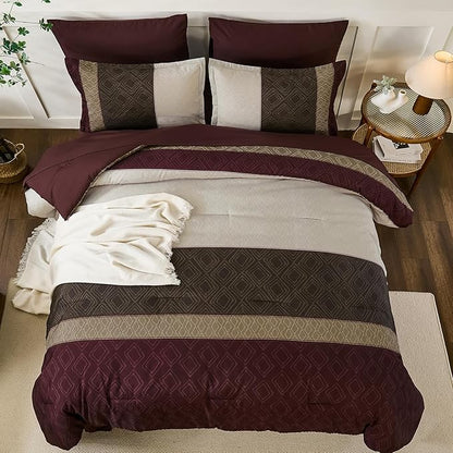 Dinjoy Boho Queen Comforter Set Burgundy,7 Piece Bed in a Bag Queen Size Warm Striped Dark Red Bedding Sets Plaid Fall Comforters Set with Sheets for Family All Season