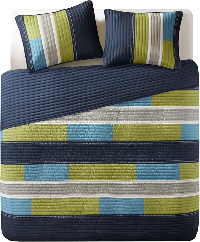 Comfort Spaces Quilt Set Trendy Casual Fun, Vibrant Color Design, Hypoallergenic All Season, Lightweight Coverlet Bedspread Cozy Kids Bedding & Sham Full/Queen Pierre Navy/Blue 3 Piece