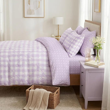 Light Purple Bowknot Comforter Set Twin Size for Girls, Gingham Bedding with Heart Pattern, 2 Pcs Checkered Plaid Quilted Comforter Set with 1 Pillowcase, 68"x86"