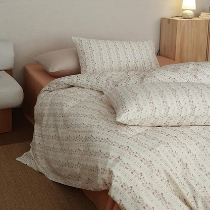 Floral Comforter Queen Size Set Cotton Boho Bedding Set Fluffy Girls Down Alternative All Season Bedding Comforter Sets Cozy Light Weight Cute Farmhouse Bed Comforter with 2 Pillowcases
