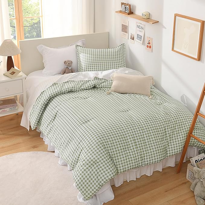 Andency Sage Gingham Comforter Set Twin(66x90Inch), Green Checkered Grid Plaid Buffalo Bed Set for Girls Boys Kids Teens, 2 Pieces Lightweight Polyester Geometric Preppy Bedding