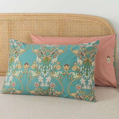 Zusbest 100% Cotton Blue Floral Pillowcases Standard Size Set of 2, 19''×29'', Queen Size Teal Orange French Country Floral Printed Reversible Pillow Covers Soft Envelope Queen Pillowcase Protectors