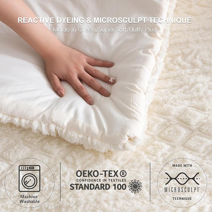 COTTEBED Fluffy Warm Sherpa Comforter Set Twin Bed, Boho Tufted Ultra-Soft Thick Twin XL Size Shabby Plush Bedding Down Comforter Sets for Boy Girl Child College Dorm Winter Christmas, Off White Ivory