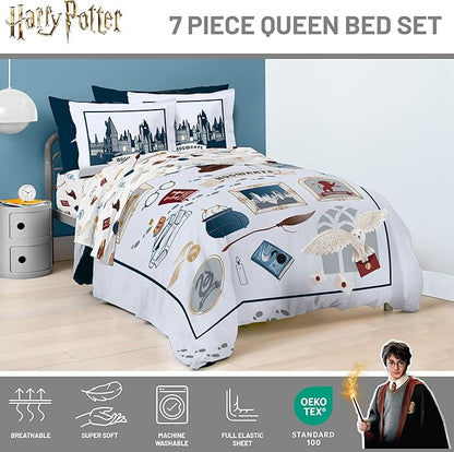 Jay Franco Kids Comforter Set Includes Sheets and Pillow Covers - Soft and Cozy Bed Set for Stylish Room Decor, Dark Grey - Harry Potter, 7 Piece Queen Size Bedding